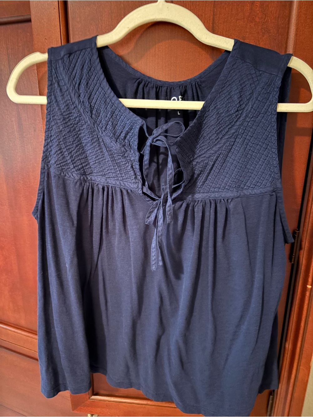 LOFT Navy Blue Smocked Yoke Split-Neck Tank Top Shell Blouse - Size Large